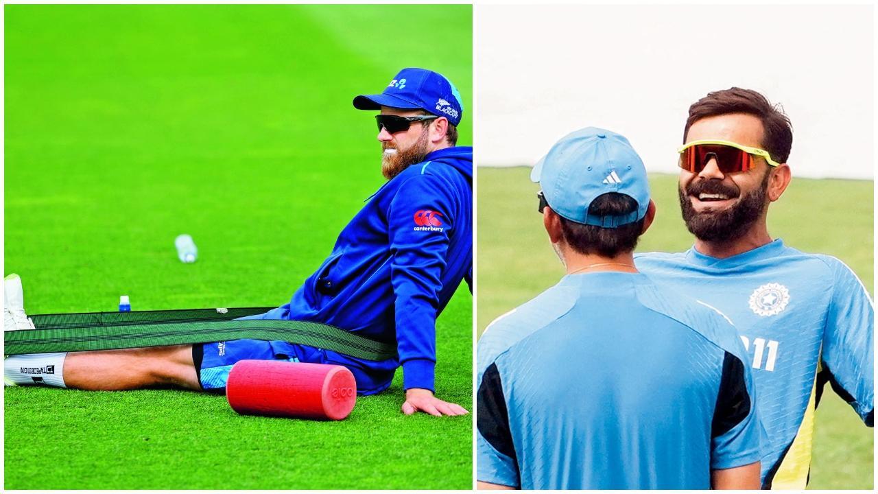 ગઈ કાલે પ્રૅક્ટિસ દરમ્યાન કેન વિલિયમસન (ઉપર) અને ટીમ ઇન્ડિયાના હેડ કોચ ગૌતમ ગંભીરની સામે મસ્તી કરી રહેલો વિરાટ કોહલી.