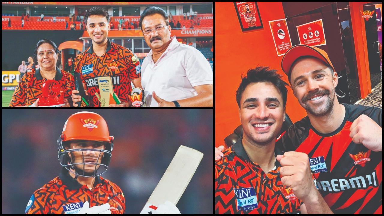 અવૉર્ડ મેળવ્યા બાદ અભિષેક શર્માએ મમ્મી-પપ્પા સાથે કૅમેરા સામે આપ્યો હતો પોઝ