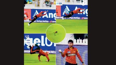 બાઉન્ડરી પાસે ડાઇવ લગાવીને ડેવોલ્ડ બ્રેવિસનો શાનદાર કૅચ પકડ્યો હતો હૈદરાબાદના ફીલ્ડર કામિન્દુ મેન્ડિસે.