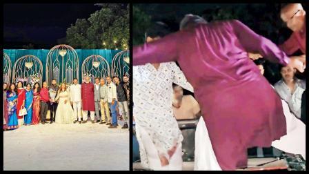રિસેપ્શનમાં અકસ્માતના સમાચાર મળ્યા પછી લગ્નનાં કપડાંમાં જ અકસ્માતના સ્થળે આવીને નાગરિકોને બહાર કાઢી રહેલા મૃત્યુંજય દૂત.