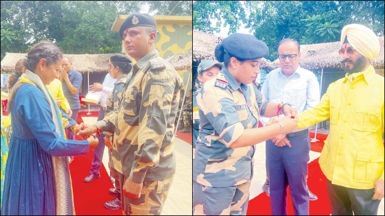 BSFના જવાનોને રાખડી બાંધતાં મુંબઈકર અલ્પા નિર્મલ, એમ. એસ. બિટ્ટાને રાખડી બાંધતાં BSFનાં લેડી ઑફિસર.