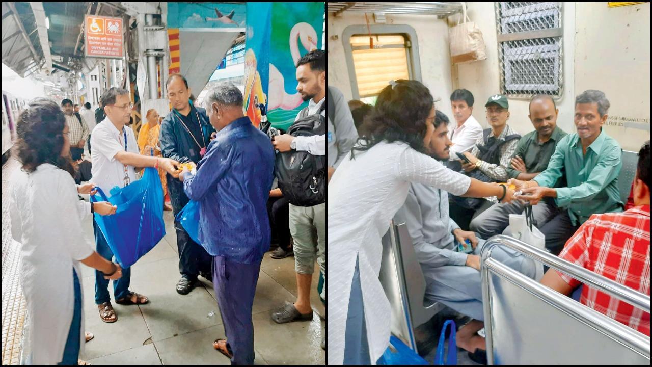 રેલવે-સ્ટેશન પર અને ટ્રેનમાં ફૂડ-પૅકેટો આપી રહેલા પારસધામ અને અર્હમ ગ્રુપના સ્વયંસેવકો.