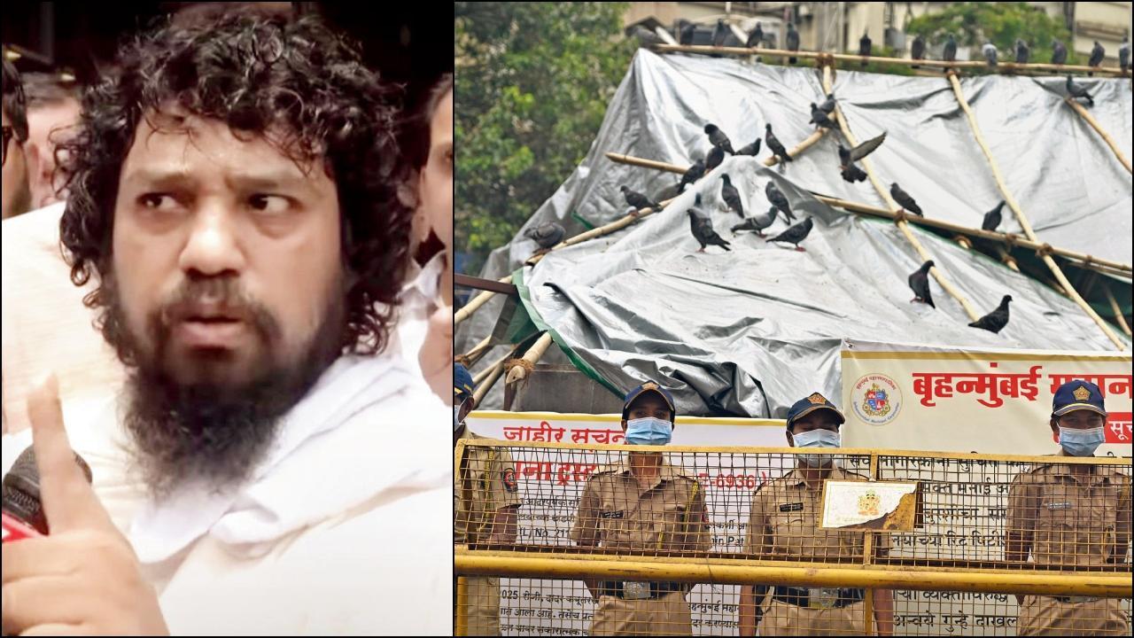 જૈન મુનિ નીલેશચંદ્ર વિજય, દાદર કબૂતરખાના પાસે ગઈ કાલે પોલીસ દ્વારા ડબલ બૅરિકેડિંગ કરી દેવામાં આવ્યું હતું. તસવીર: આશિષ રાજે