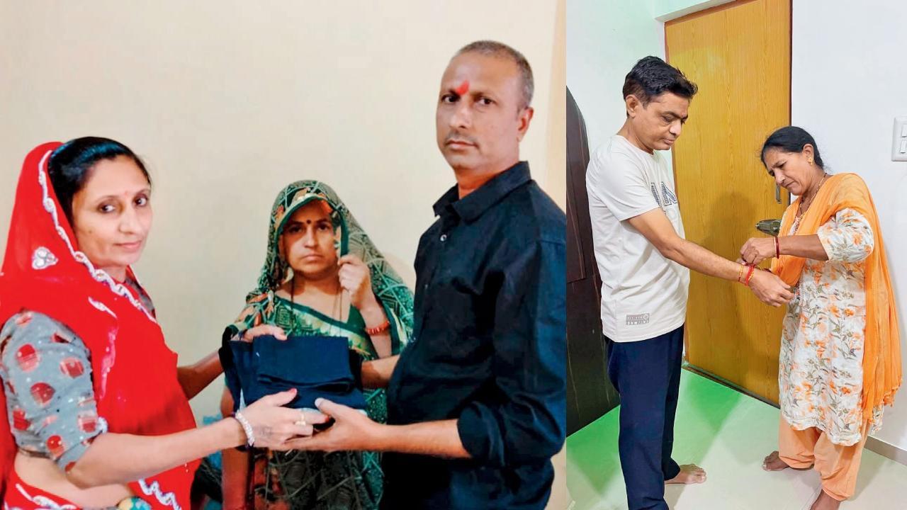જગદીશ ઠાકોર અને તેમને કિડની આપનાર લાલ સાડીમાં રેખાબહેન (ડાબે); કિરણ પટેલને કિડની આપનાર સુશીલાબહેન તેમને રાખડી બાંધી રહ્યાં છે (જમણે)