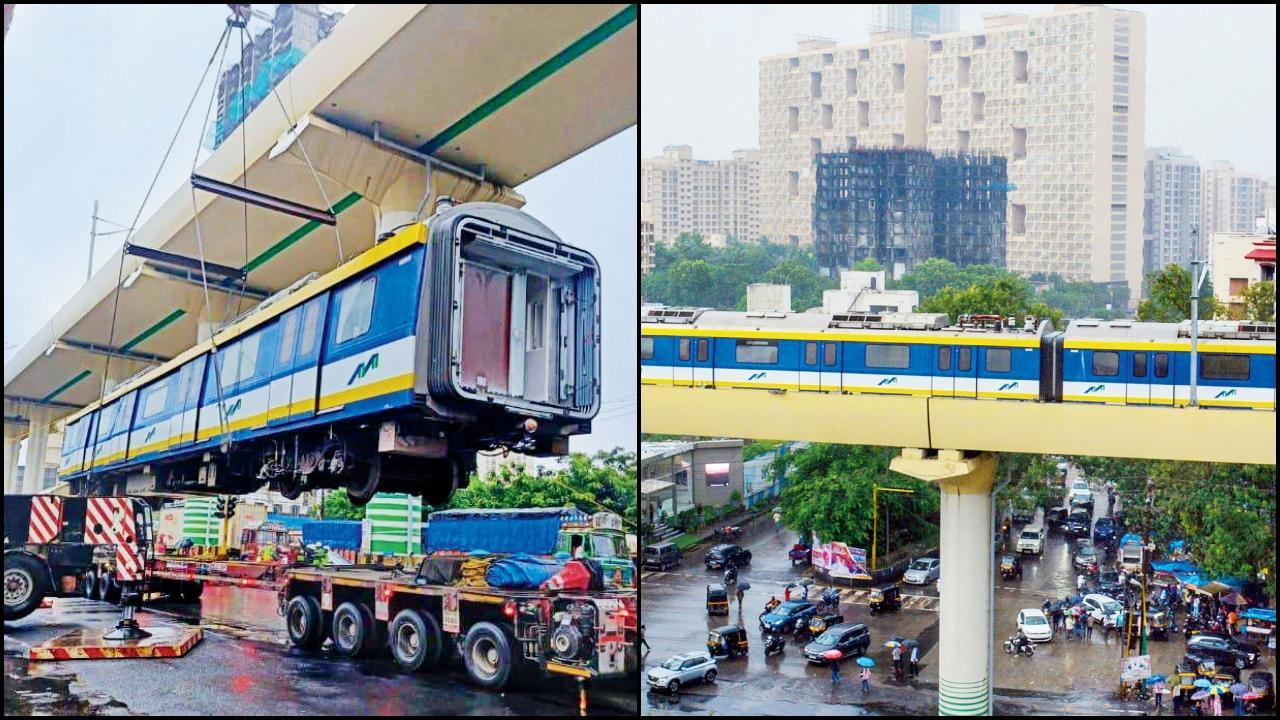 મેટ્રોની ગ્રીન લાઇનના પરીક્ષણ માટે ક્રેનની મદદથી કોચને ટ્રૅક પર ગોઠવવામાં આવ્યા.