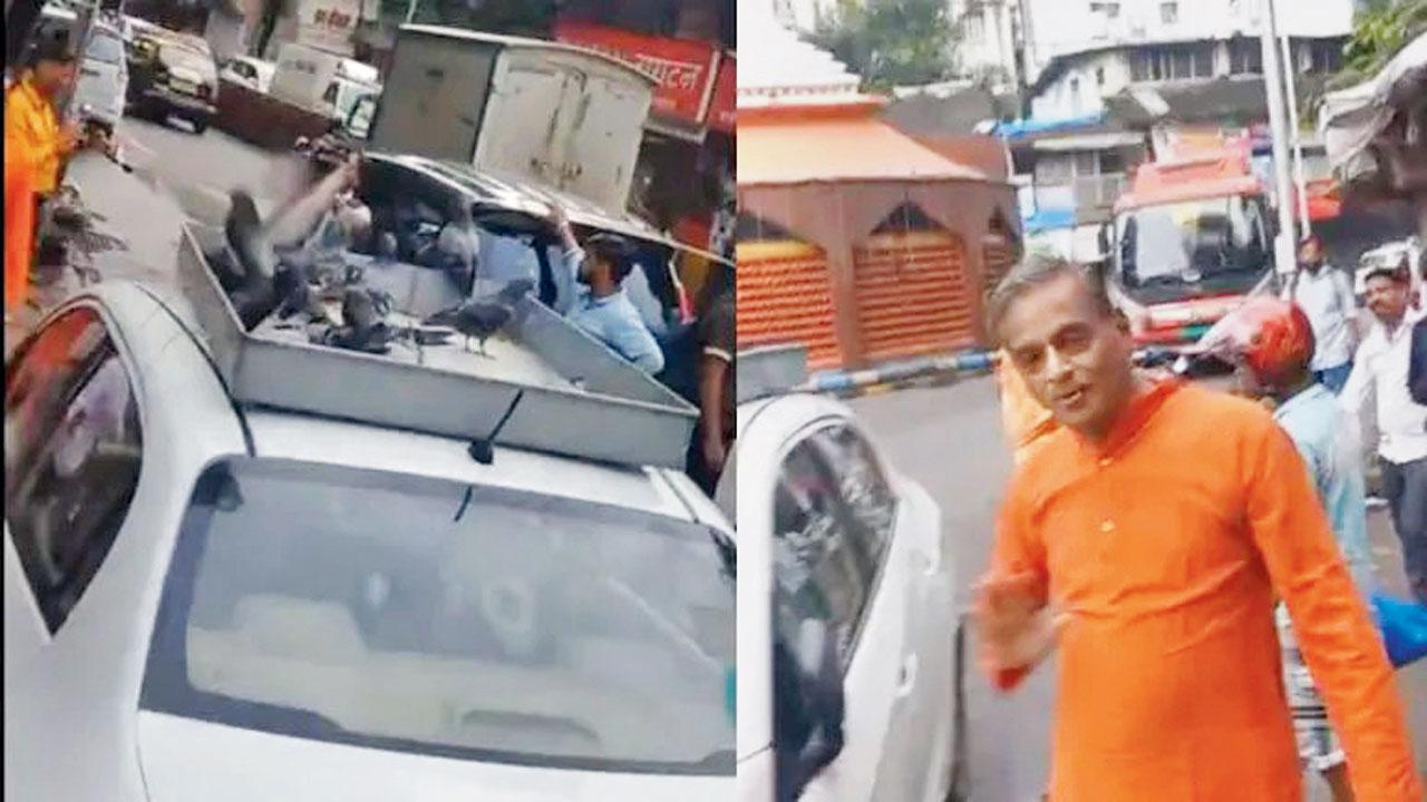 ભૂખ્યાં કબૂતરોને ખવડાવવા કાર પર ટ્રેમાં ચણ લઈને આવેલા લાલબાગના મહેન્દ્ર સંકલેચાને પોલીસે રોક્યા હતા.