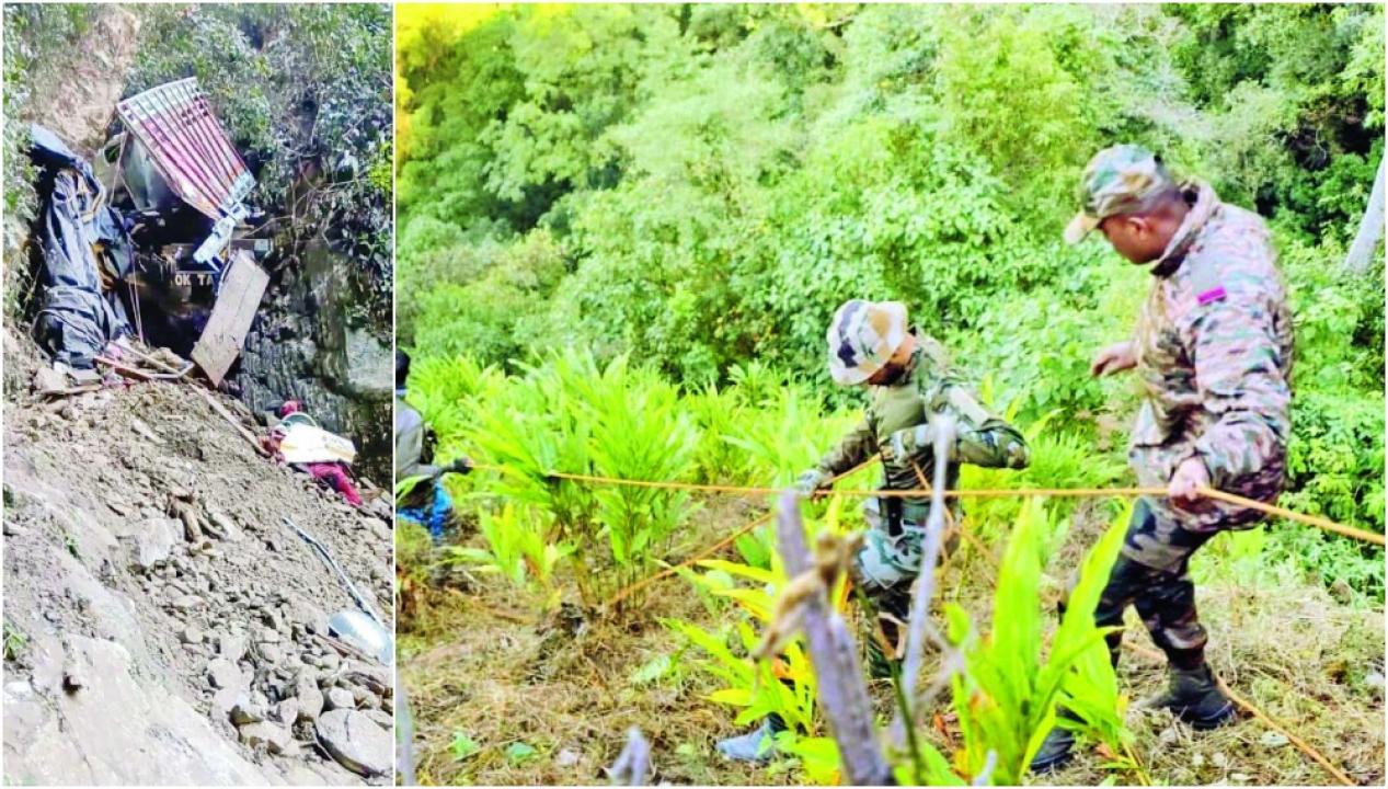 બે દિવસ પહેલાં અરુણાચલ પ્રદેશના અંજાવ જિલ્લામાં ખાઈમાં પડેલી ટ્રક સુધી પહોંચવા માટે આર્મીના જવાનો દોરડાની મદદથી ખીણમાં ઊતર્યા હતા અને ચાર કલાકની જહેમત બાદ ઝાડીમાં ફસાયેલી ટ્રક મળી હતી અને મૃતદેહોને પણ દોરડાથી જ ઉપર લાવવામાં આવ્યા હતા.