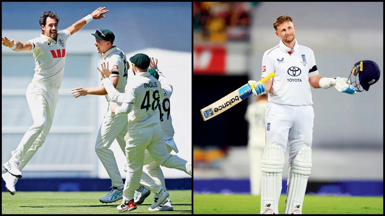 અંગ્રેજ બૅટર્સને ઘૂંટણિયે પાડીને વિકેટની ઉજવણી કરતો મિચલ સ્ટાર્ક અને તેના સાથી-પ્લેયર્સ અને ૨૦૨ બૉલમાં ૧૫ ફોર અને એક સિક્સર ફટકારી ૧૩૫ રનની ઇનિંગ્સ રમનાર જો રૂટે ચાલીસમી ટેસ્ટ-સદીની અનોખી ઉજવણી કરી.