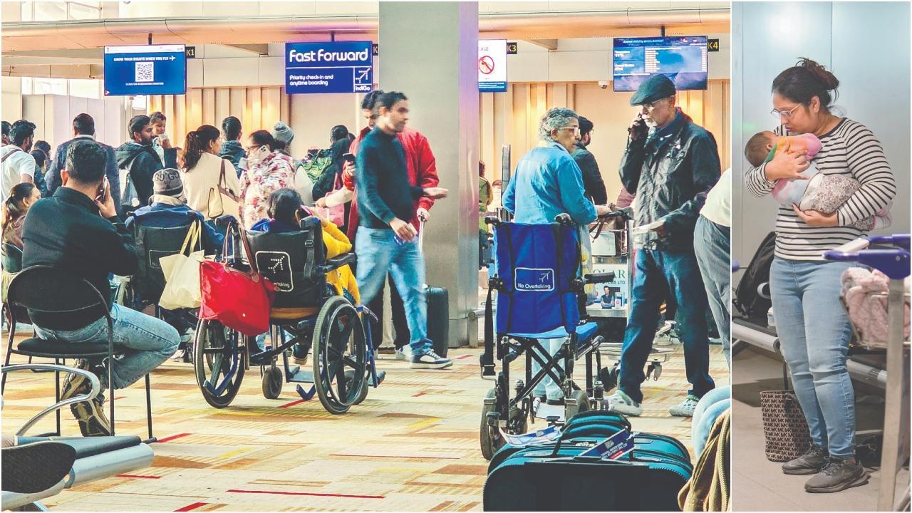 દિલ્હી ઍરપોર્ટ પર ગઈ કાલે વડીલો અને દિવ્યાંગોને ઝડપી સર્વિસ મળે એ માટે વ્હીલચૅર અને  ફાસ્ટ-ફૉર્વર્ડ કાઉન્ટર્સ શરૂ કરવામાં આવ્યાં હતાં, દિલ્હીના ઇન્દિરા ગાંધી ઇન્ટરનૅશનલ ઍરપોર્ટ પર ગઈ કાલે એક મહિલા વેઇટિંગ એરિયામાં નવજાત શિશુને સંભાળી રહી હતી.