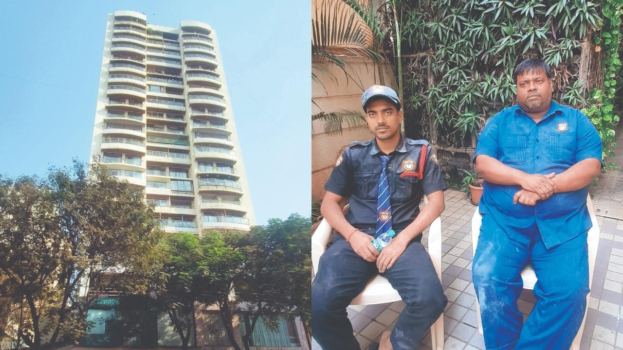 સૉરેન્ટો ટાવર, સિક્યૉરિટી ગાર્ડ મીઠુ ઝા (ડાબે) અને સિક્યૉરિટી સુપરવાઇઝર પરવેશ શેખ.