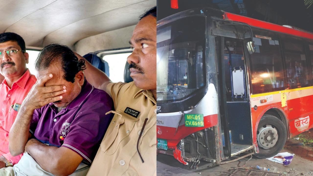 અકસ્માતગ્રસ્ત બસ અને પોલીસની કસ્ટડીમાં બસનો ડ્રાઇવર.