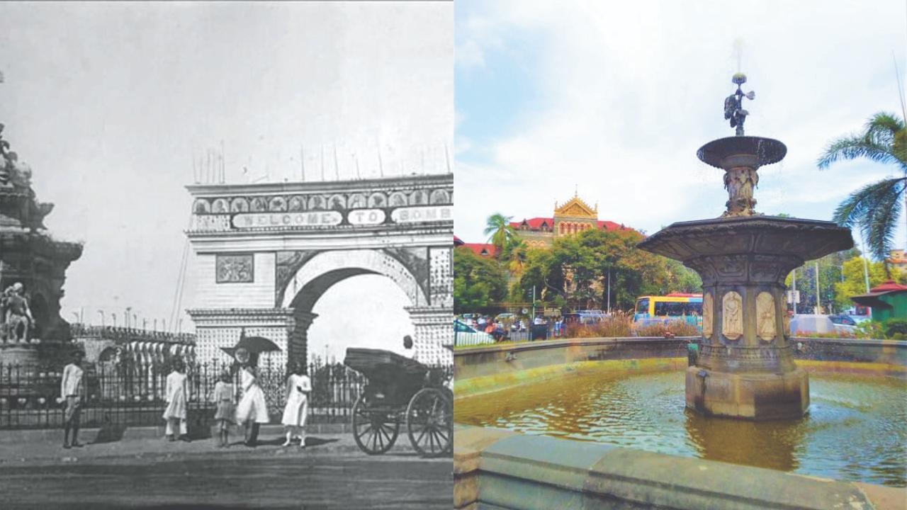 ફ્લોરા ફાઉન્ટન નજીક ઊભો કરેલો કામચલાઉ વેલકમ ગેટ, વેલિંગ્ટન ફાઉન્ટન