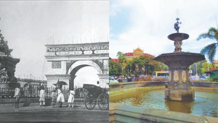 ફ્લોરા ફાઉન્ટન નજીક ઊભો કરેલો કામચલાઉ વેલકમ ગેટ, વેલિંગ્ટન ફાઉન્ટન