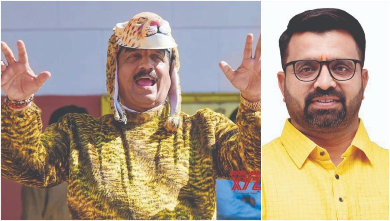 દીપડાના ત્રાસથી લોકોને બચાવવા રાજ્ય સરકાર વહેલી તકે પગલાં લે એવી રજૂઆત કરવા દીપડાના જ વેશમાં વિધાનસભામાં પહોંચેલા વિધાનસભ્ય શરદ સોનાવણે. બીજી તસવીરમાં મહેશ લાંડગે 