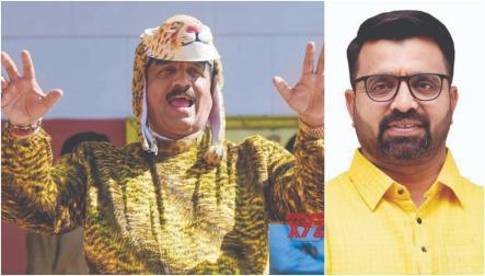 દીપડાના ત્રાસથી લોકોને બચાવવા રાજ્ય સરકાર વહેલી તકે પગલાં લે એવી રજૂઆત કરવા દીપડાના જ વેશમાં વિધાનસભામાં પહોંચેલા વિધાનસભ્ય શરદ સોનાવણે. બીજી તસવીરમાં મહેશ લાંડગે 