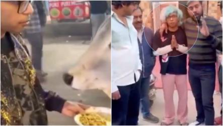 ગાયને મોમોસ ખવડાવી રહેલ ઋતિક અને બીજી તસવીરમાં તે હાથ જોડીને માફી માંગી રહ્યો છે (વાઈરલ વિડિયોમાંથી સ્ક્રીનશોટ)