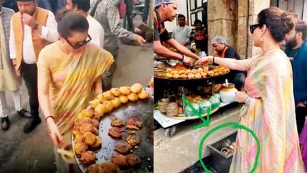 પહેલી તસવીરમાં કંગના પોતાની પ્લેટ જમીન પર ફેંકતી હોય એવું લાગે છે. જોકે હકીકત એ છે કે કંગનાએ પ્લેટ ડસ્ટબિનમાં નાખી હતી.