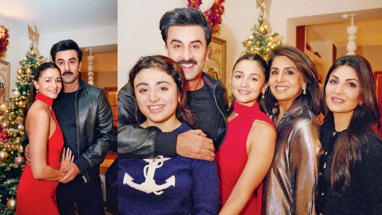 રણબીર સાથે આલિયા (ડાબે) અને (જમણે) પરિવારના સભ્યો સાથે ક્રિસમસની ઉજવણી કરતા આલિયા અને રણબીર