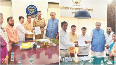 મુલુંડ પોલીસ-સ્ટેશનમાં અને તહસીલદારને ફરિયાદપત્ર આપતા BJPના નેતાઓ.