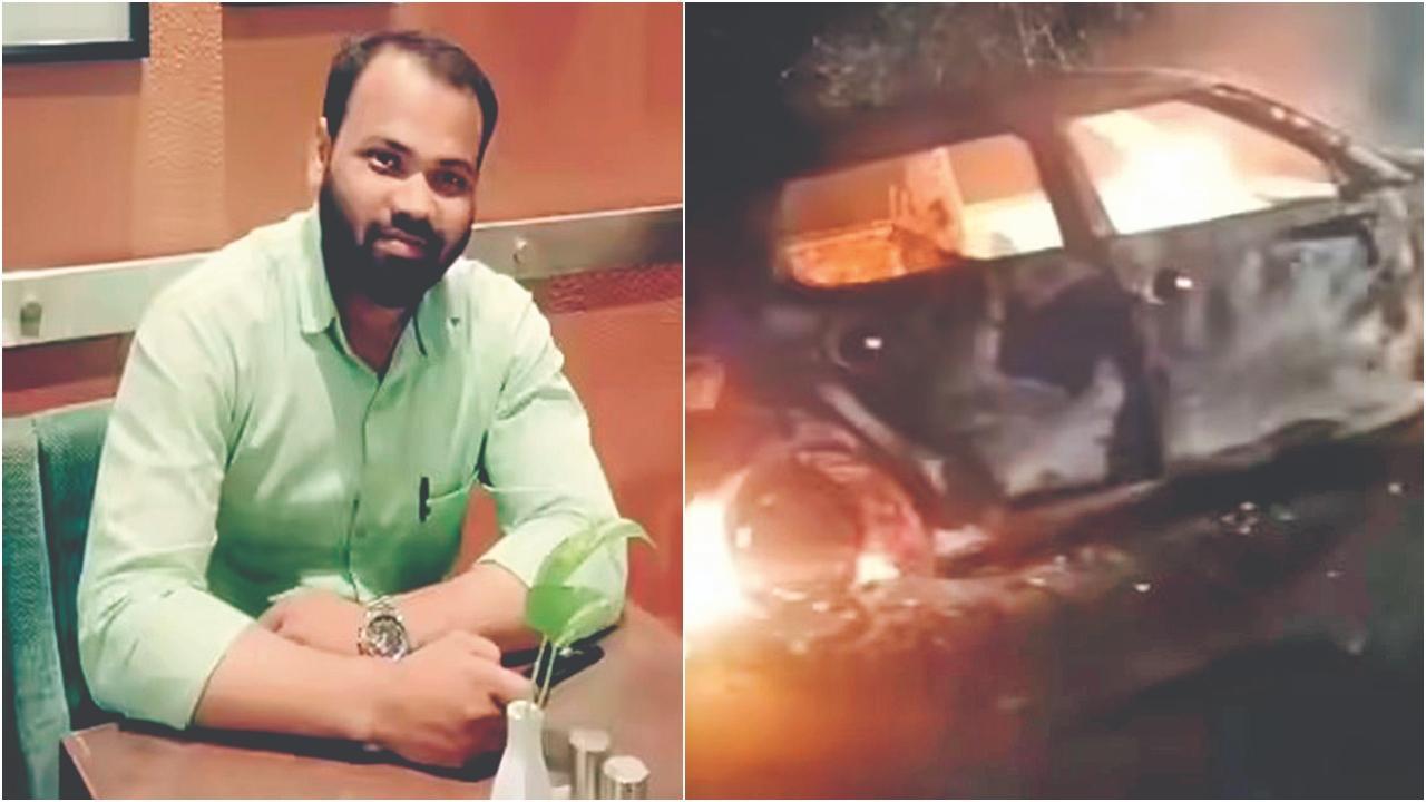 ગણેશ ચવાણ અને તેણે સળગાવી દીધેલી પોતાની કાર.
