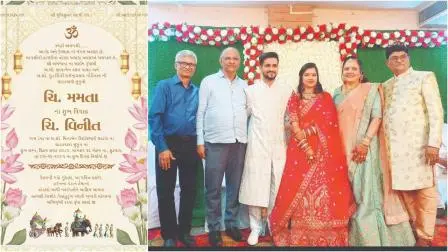 મૂળ પેરન્ટ‍્સની સાથે સાસુ-સસરાએ પણ કંકોતરીમાં મમતાને દીકરી ગણાવી. વર-વધૂ મમતા અને વિનીત સાથે છાયા અને વસંત પાસડ (એકદમ જમણે) તથા આ લગ્નમાં મહત્ત્વની ભૂમિકા ભજવનારા વસંતભાઈના ખાસ મિત્રો (ડાબેથી) દીપક વિસરિયા અને કાન્તિલાલ મારુ.