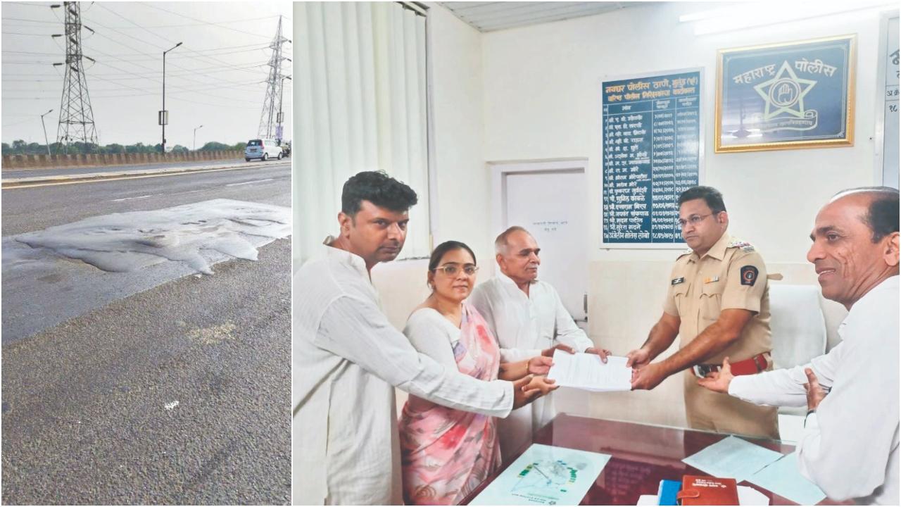 નયન જૈનનો જ્યાં અકસ્માત થયો હતો એ પૅચ (ડાબે) અને નયન જૈનની પત્ની અંકિતા સાથે બીજા સંબંધી  પોલીસને ફરિયાદ-પત્ર આપી રહ્યા છે.