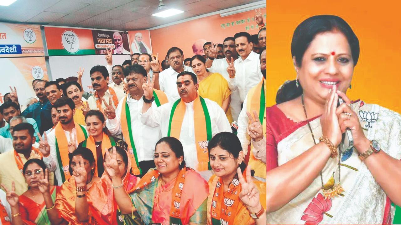 ગઈ કાલે BJPમાં પ્રવેશ મેળવ્યા પછી ભગવા ખેસમાં MNS અને શિવસેના (UBT)ના નેતાઓ, નાશિક સેન્ટ્રલનાં BJPનાં વિધાનસભ્ય દેવયાની ફરાંદે.