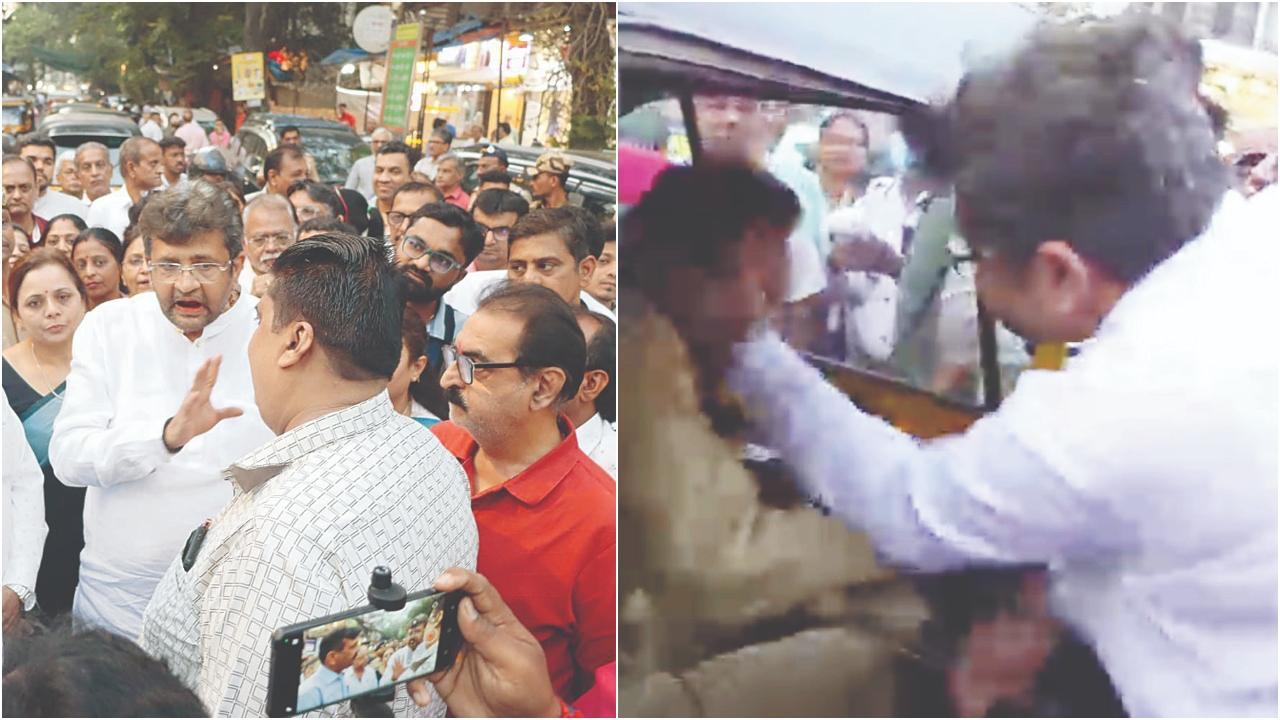 શુક્રવારે વલ્લભબાગ લેનમાં હોટેલ અચીજાના મૅનેજરને રસ્તા પર ખુરસીઓ ન લગાડવાની ચેતવણી આપતા પરાગ શાહ. તસવીર : પી. સૃષ્ટિ અને શુક્રવારે જ વલ્લભબાગ લેનમાં રૉન્ગ સાઇડથી આવતા રિક્ષાવાળાને રોક્યો ત્યારે તેણે ઉદ્ધતાઈ કરતાં પરાગ શાહે તેમને લાફો મારી દીધો હતો.