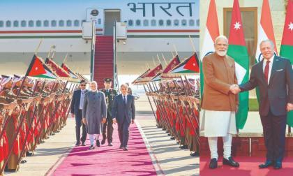 ગઈ કાલે જૉર્ડનની રાજધાની અમ્માનના ઍરપોર્ટ પર નરેન્દ્ર મોદીને ગાર્ડ ઑફ ઑનર આપવામાં આવ્યું એ સમયે તેમની સાથે જૉર્ડનના વડા પ્રધાન જાફર હસન. અમ્માનના શાહી હુસૈનિયા મહેલમાં કિંગ અબદુલ્લા સાથે નરેન્દ્ર મોદી.