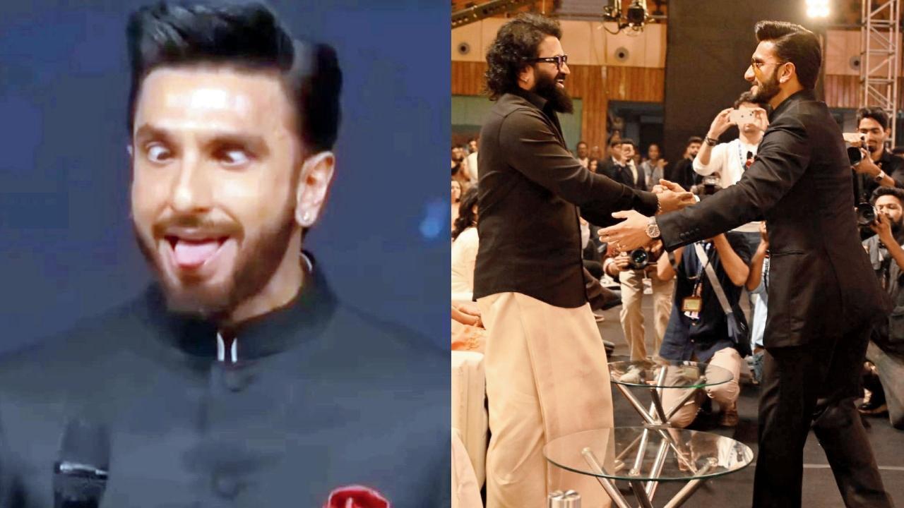 ગોવામાં યોજાયેલા ૫૬મા ઇન્ટરનૅશનલ ફિલ્મ ફેસ્ટિવલ ઑફ ઇન્ડિયા (IFFI) ખાતે રિષબ શેટ્ટીને ભેટી રહેલો રણવીર સિંહ