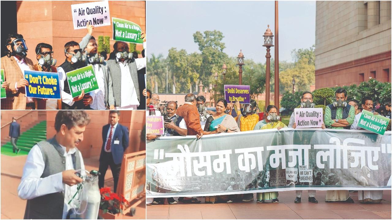 સંસદના પરિસરમાં અનોખું પ્રદૂષણવિરોધી પ્રદર્શન