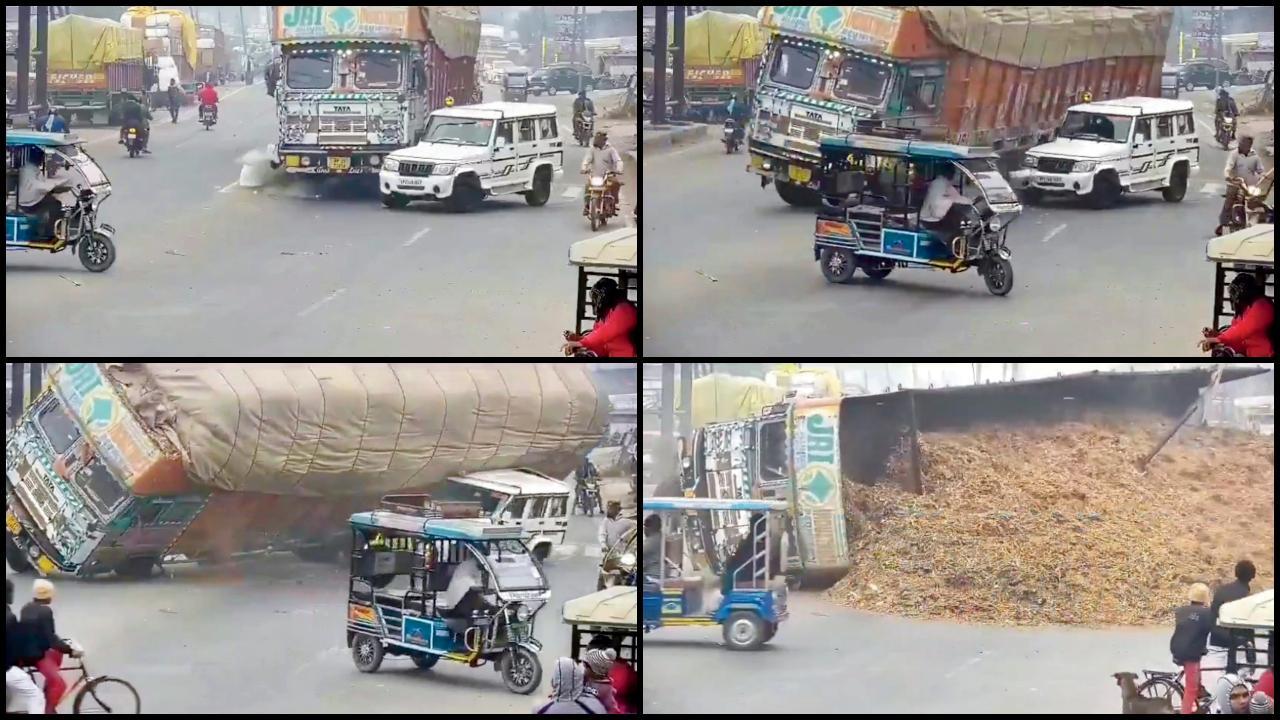 લાકડાનું ભૂસું ભરેલી ટ્રક બોલેરો પર પલટી ખાતાં કાર પિચકાઈ ગઈ