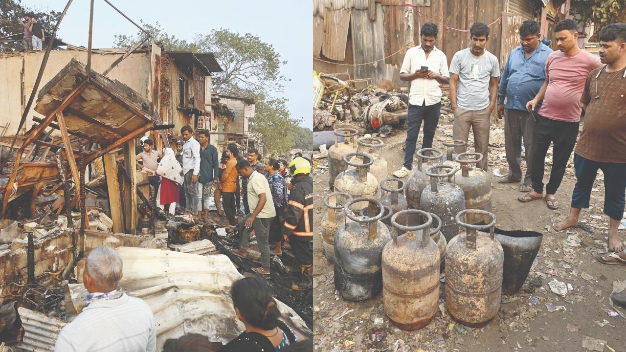 આગને કારણે ચાલના માળખાને ભારે નુકસાન થયું હતું. સલામતીના પગલે સિલિન્ડરો બહાર કાઢી લેવાયાં હતાં. તસવીરો: આશિષ રાજે