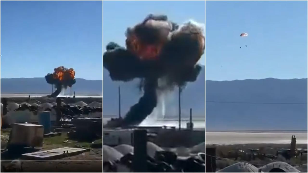 પ્રથમ બે ફૂટેજમાં જોઈ શકાય છે કે ફાઈટર જેટ આગનો ગોળો બની ગયું છે. ત્રીજા ફૂટેજમાં પાઈલટ પેરેશૂટની મદદથી બહાર નીકળેલો જણાય છે.