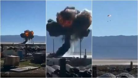 પ્રથમ બે ફૂટેજમાં જોઈ શકાય છે કે ફાઈટર જેટ આગનો ગોળો બની ગયું છે. ત્રીજા ફૂટેજમાં પાઈલટ પેરેશૂટની મદદથી બહાર નીકળેલો જણાય છે.