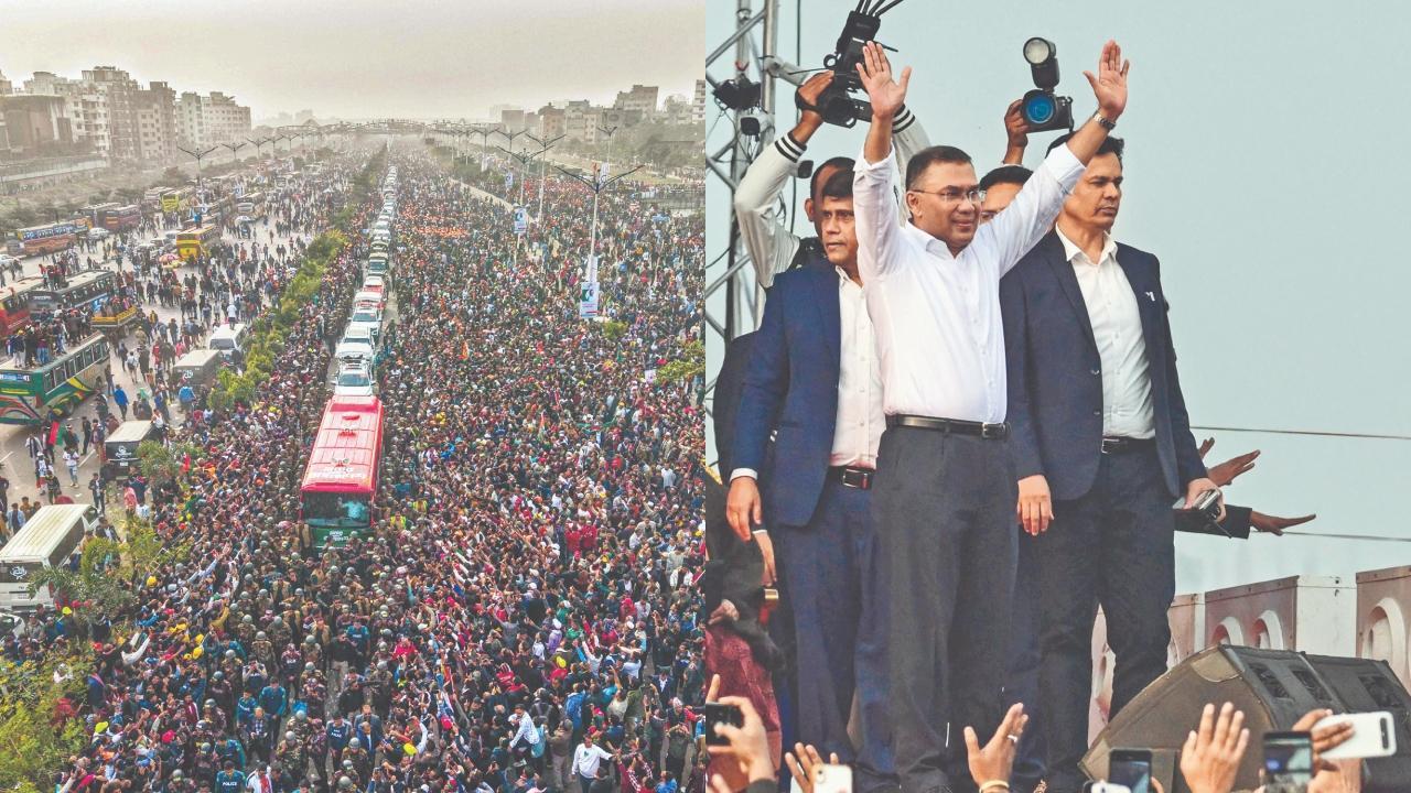 બંગલાદેશ નૅશનલિસ્ટ પાર્ટીના કાર્યકારી ચૅરમૅન તારિક રહમાનના સ્વાગત માટે ઢાકા ઍરપોર્ટની બહાર એક લાખથી વધુ લોકો એકત્ર થયા હતા, ગઈ કાલે ઢાકા પહોંચ્યા પછી તેમને આવકારવા ઍરપોર્ટ પર ભેગા થયેલા માનવમહેરામણનું અભિવાદન ઝીલતા તારિક રહમાન.