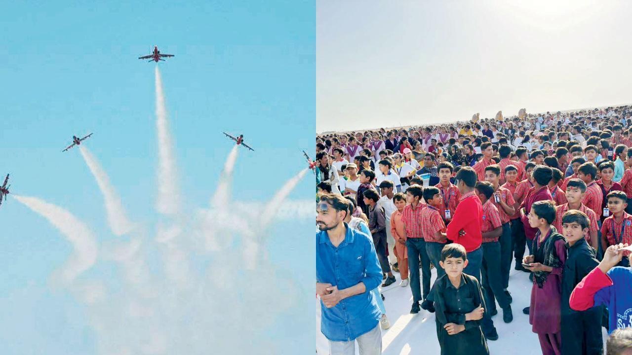 કચ્છના સફેદ રણમાં ગઈ કાલે ભારતીય વાયુસેનાની સૂર્ય કિરણ ઍરોબૅટિક ટીમ દ્વારા ઍર શો યોજાયો