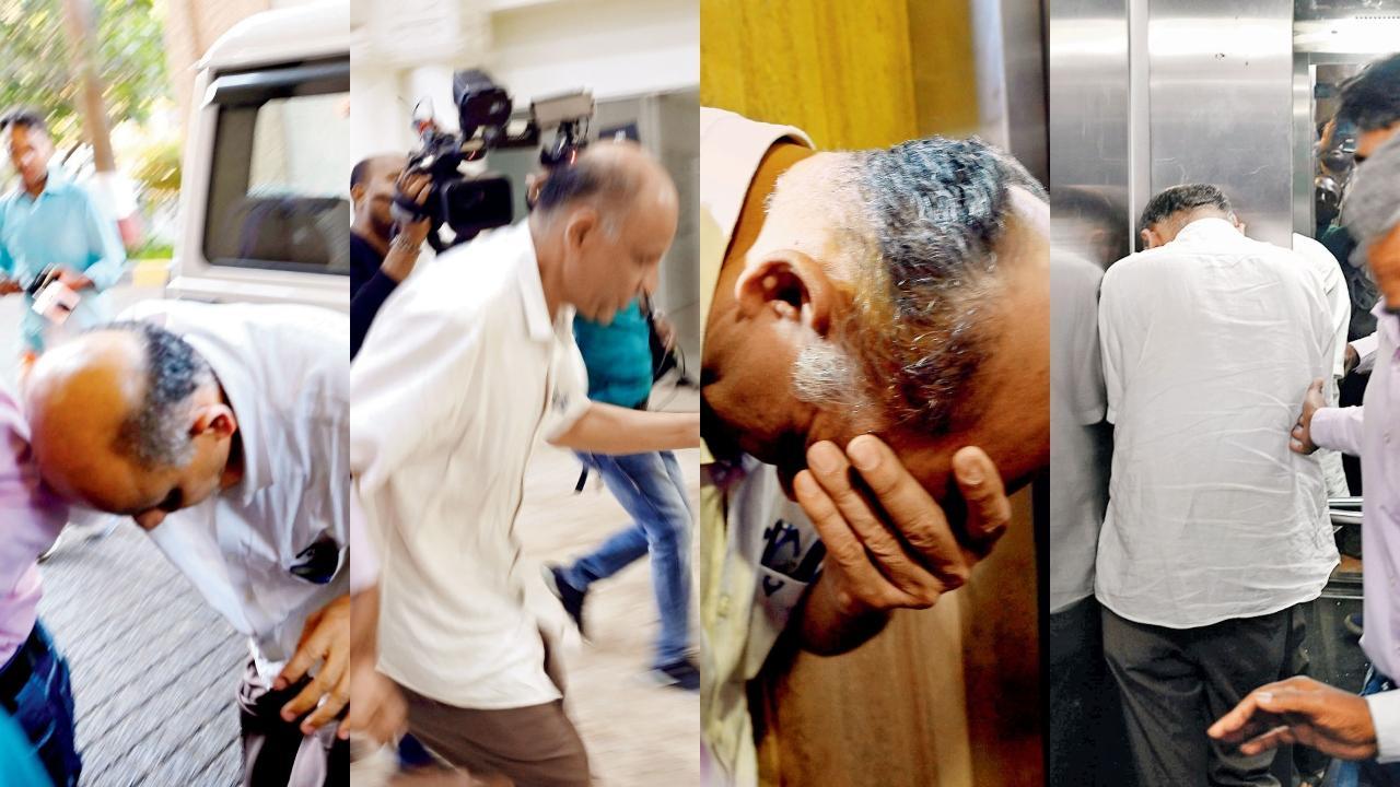 ગઈ કાલે દહિસરમાં આવેલા  એન. એલ. આર્યવર્ત બિલ્ડિંગમાંથી હિતેશ મહેતાને તાબામાં લઈને ઇકૉનૉમિક ઑફેન્સિસ વિન્ગ (EOW)ની ઑફિસમાં લઈ જવામાં આવ્યા ત્યારે મીડિયાથી બચવા તેમણે પોતાનો ચહેરો બચાવવાની સતત કોશિશ કરી હતી. એક સમયે તો તેમણે લિફ્ટની અંદર ઊંધા ઊભા રહીને પોતાનું મોઢું છુપાવવાની કોશિશ પણ કરી હતી. (તસવીરો: સતેજ શિંદે)