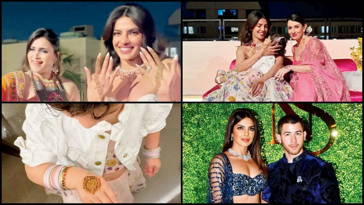 મેંદી-સેરેમનીમાં ભાવિ ભાભી સાથે અને પોતાની મેંદી દેખાડતી પ્રિયંકા. તેની દીકરી માલતી મારીએ પણ મેંદી લગાડી હતી. ગઈ કાલની સંગીત સેરેમની માટે નિક જોનસ પણ આવી પહોંચ્યો હતો.