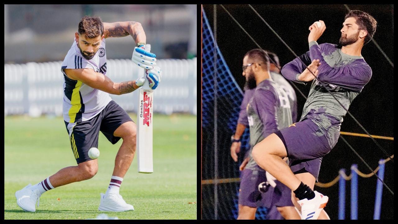 દુબઈ ઇન્ટરનૅશનલ ક્રિકેટ સ્ટેડિયમમાં ગઈ કાલે પ્રૅક્ટિસ કરતા વિરાટ કોહલી અને શાહીન શાહ આફ્રિદી.