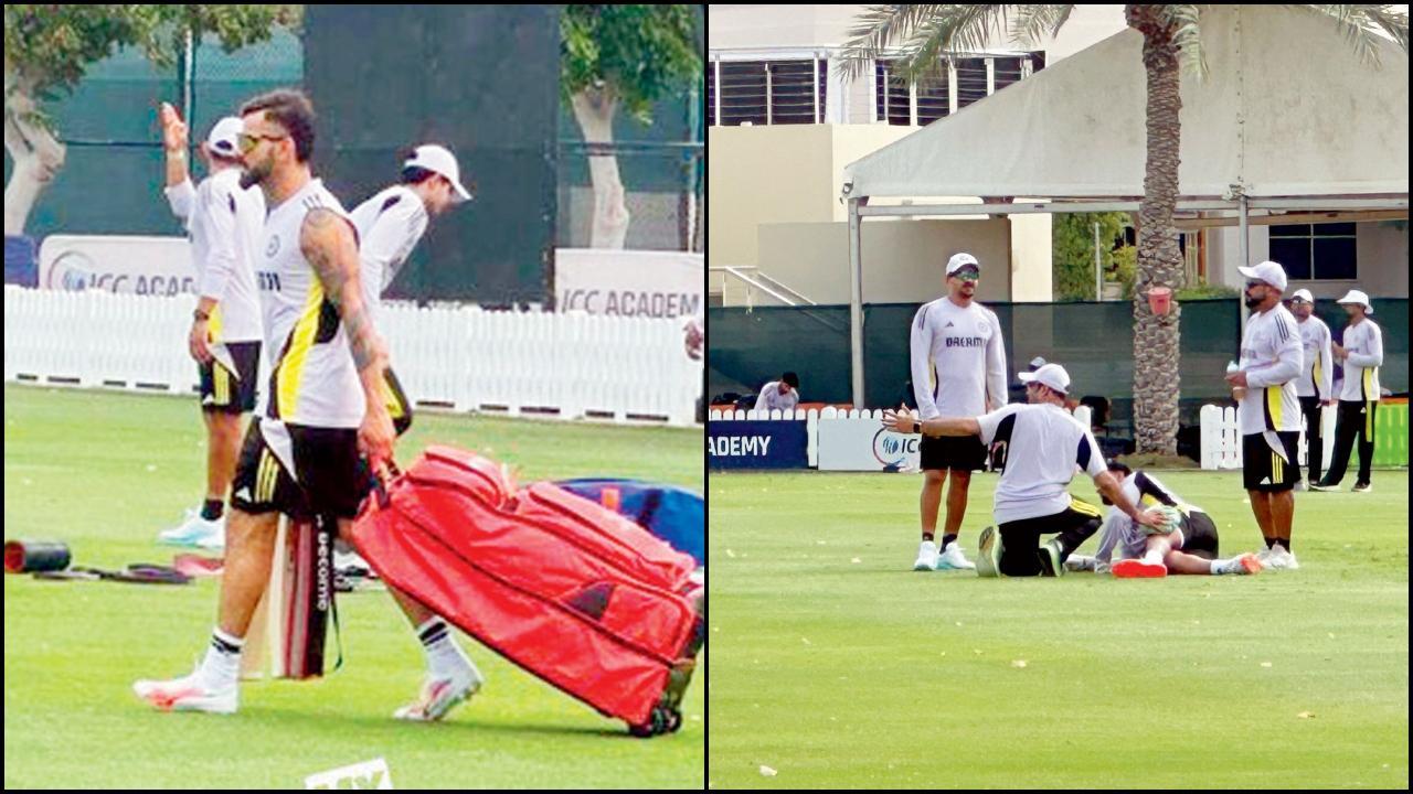 ગઈ કાલે પ્રૅક્ટિસ દરમ્યાન વિરાટ કોહલી તેમ જ પગમાં બૉલ વાગતાં ટ્રીટમેન્ટ લઈ રહેલો વિકેટકીપર રિષભ પંત.