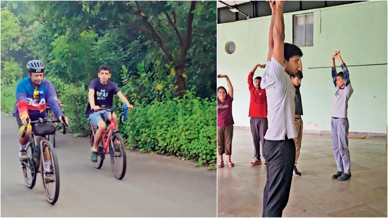 પહેલી તસવીરમાં ન્યુરોડાઇવર્સ પાર્ટિસિપન્ટ સાથે બાજુમાં તેનું ધ્યાન રાખવા એક પ્રોફેશનલ પણ સાઇકલ ચલાવી રહ્યો છે, બીજી તસવીરમાં સ્પોર્ટ્‍સની  ઍક્ટિવિટી પહેલાં વૉર્મઅપ સેશન હોય છે જે ફિઝિકલી પણ લોકોને ઍક્ટિવ કરે છે.