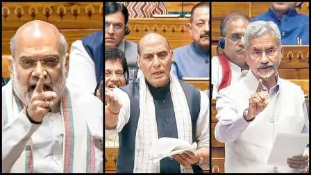 ગઈ કાલે સંસદભવનમાં ઑપરેશન સિંદૂર પર ચર્ચા દરમ્યાન ગૃહપ્રધાન અમિત શાહ, રક્ષાપ્રધાન રાજનાથ​ સિંહ અને વિદેશપ્રધાન એસ. જયશંકર વિપક્ષ પર વરસી પડ્યા હતા.