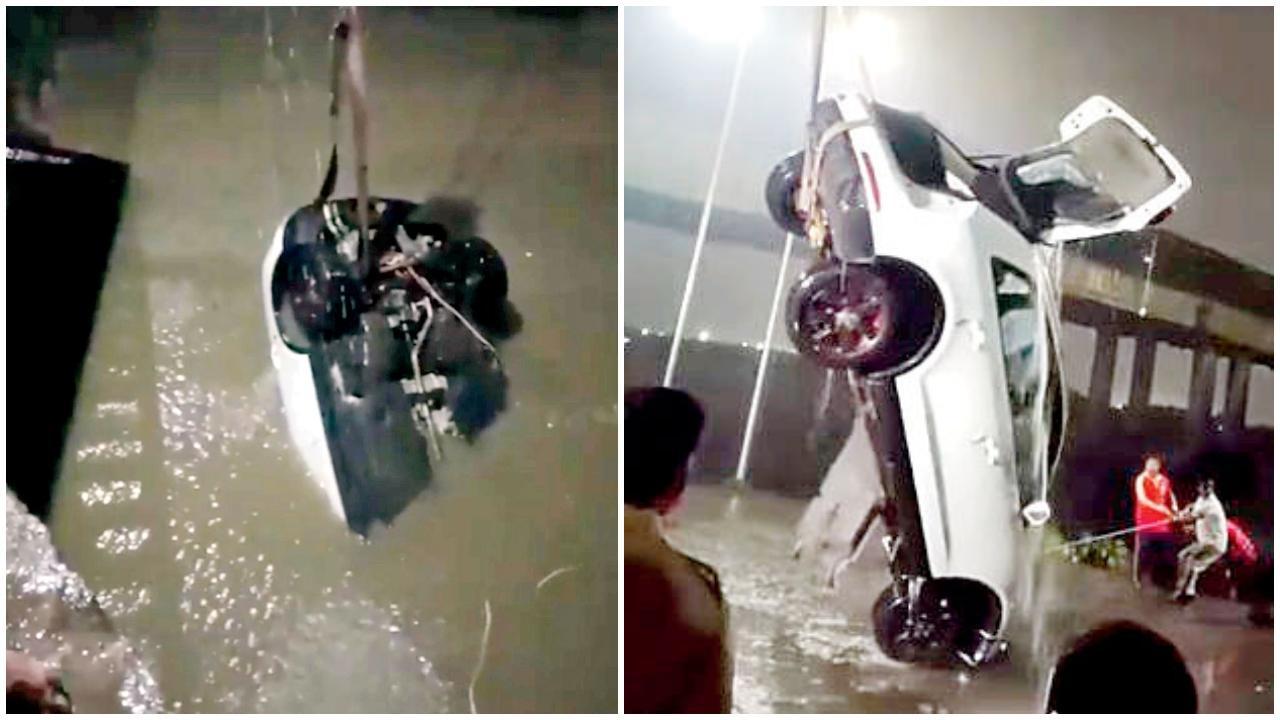 ખાડીમાં પડેલી કારને ક્રેનથી બહાર કાઢવામાં આવી હતી.