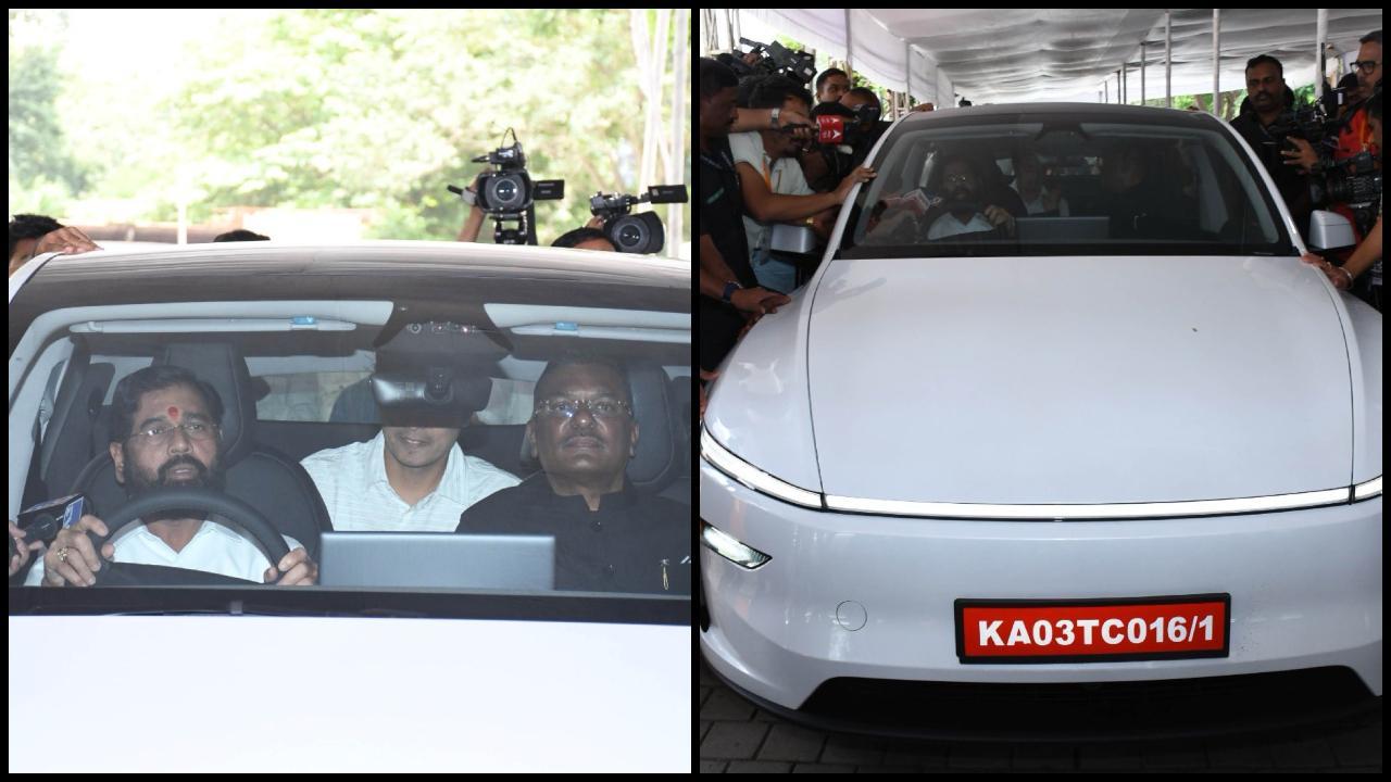 ટેસ્લા ડ્રાઇવ કરી વિધાન ભવન આવ્યા આવ્યા એકનાથ શિંદે તેમની બાજુમાં પરિવહન પ્રધાન પ્રતાપ સરનાઈક