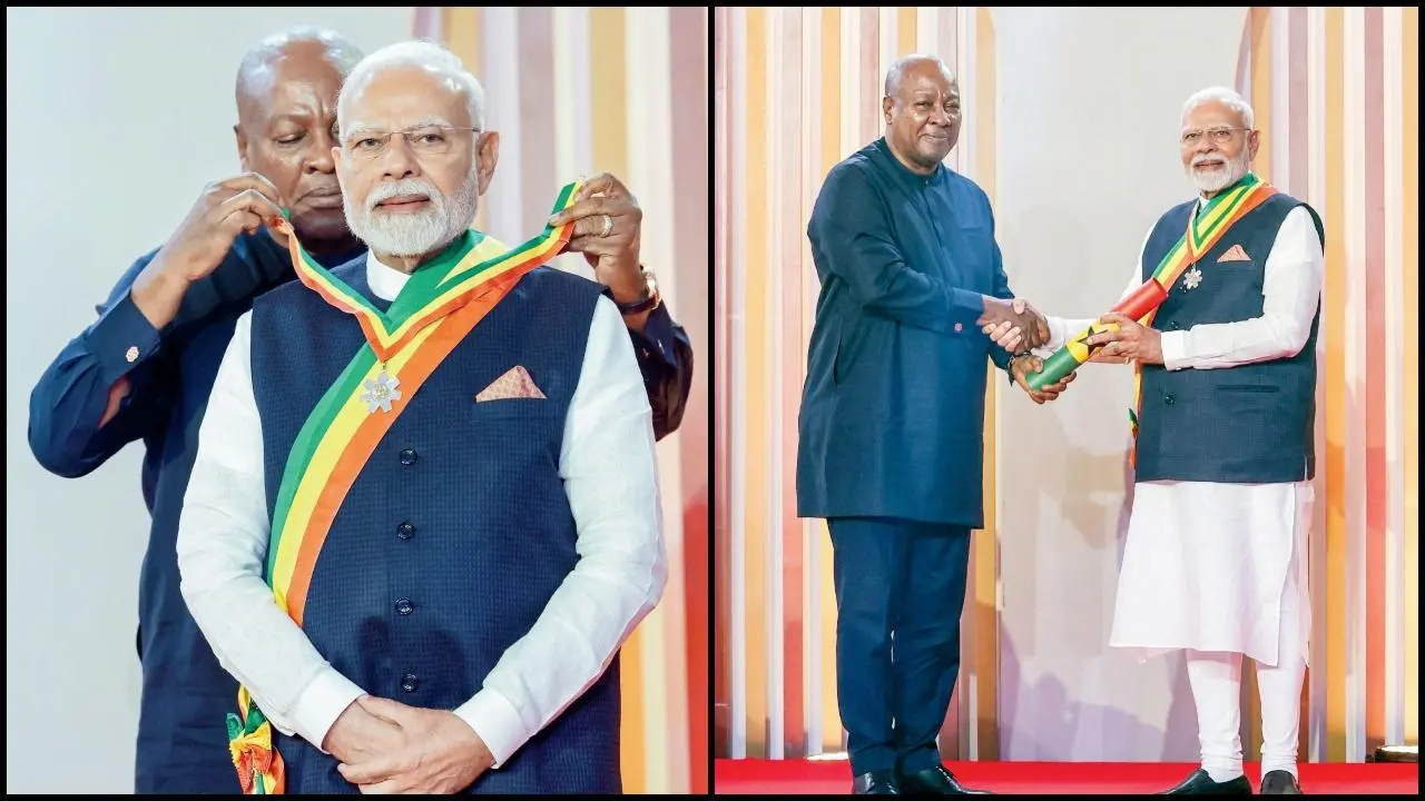 નરેન્દ્ર મોદીને ઘાનાના રાષ્ટ્રપતિ જૉન મહામાના હસ્તે ‘ઑફિસર ઑફ ધ ઑર્ડર ઑફ ધ સ્ટાર ઑફ ઘાના’ અવૉર્ડથી સન્માનિત કરવામાં આવ્યા હતા