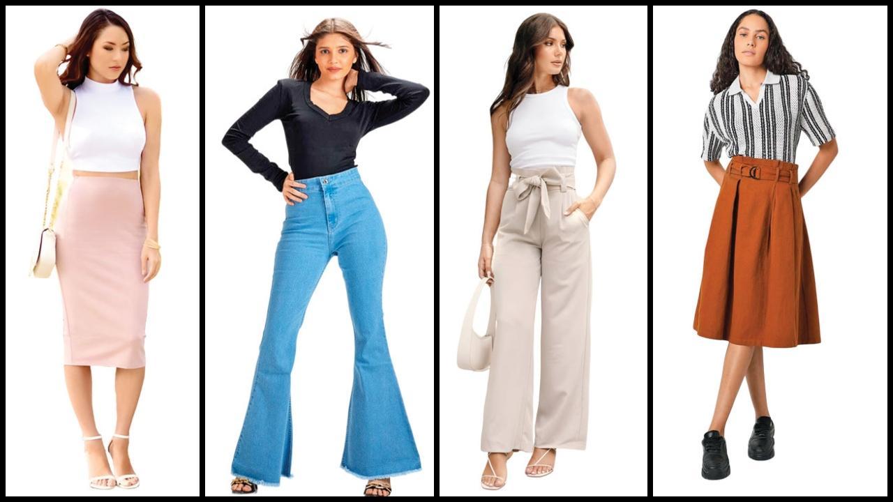 રિબ્ડ ટૅન્ક ટૉપ સાથે હાઇ વેસ્ટ સ્કર્ટ, હાઈ- વેસ્ટ જીન્સ સાથે બૉડી ફિટેડ ટૉપ, હાઈ- વેસ્ટ પૅન્ટ સાથે ક્રોપ ટૉપ, સ્કર્ટ સાથે ટક-ઈન કરેલો શર્ટ