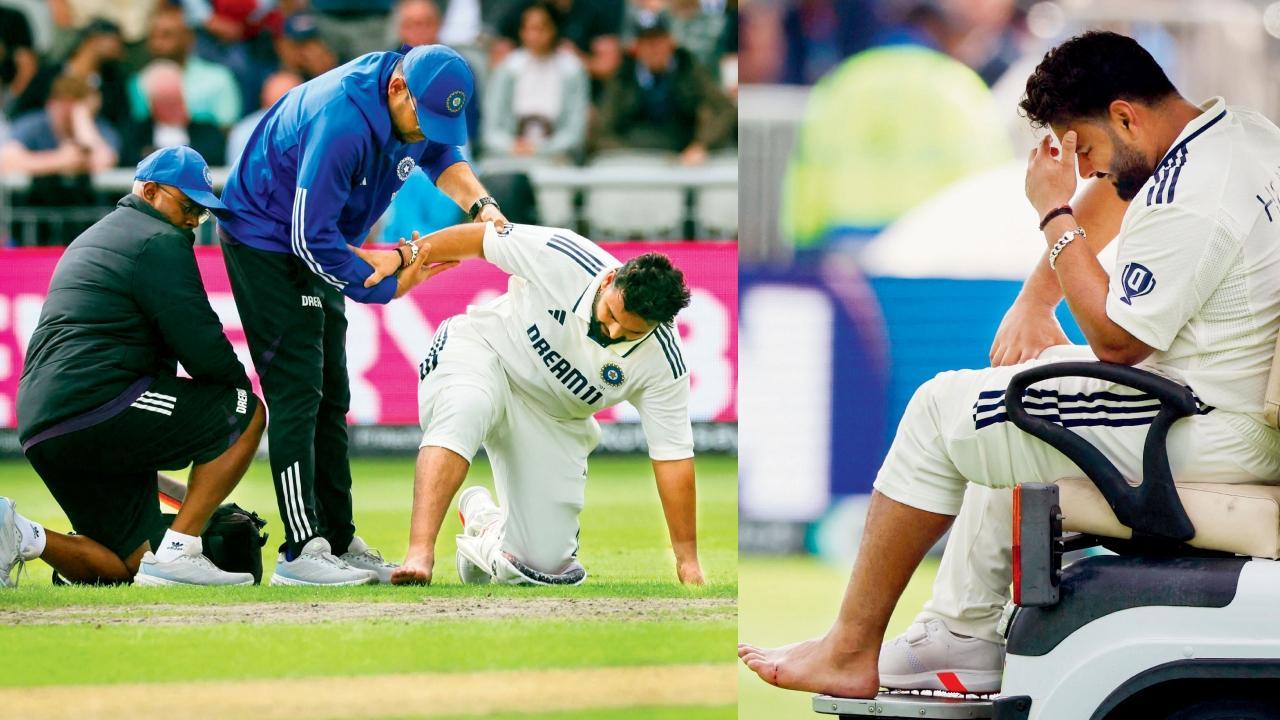 ક્રિસ વૉક્સના બૉલમાં રિવર્સ સ્વીપ મારવા જતાં બૉલ રિષભ પંતના જમણા પગના અંગૂઠા પર વાગ્યો હતો, અંગૂઠામાંથી લોહી વહેવા લાગ્યું હતું અને તેને તરત ગોલ્ફ કાર્ટમાં બેસાડીને મેદાનની બહાર લઈ જવામાં આવ્યો હતો (તસવીર સૌજન્યઃ મિડ-ડે)