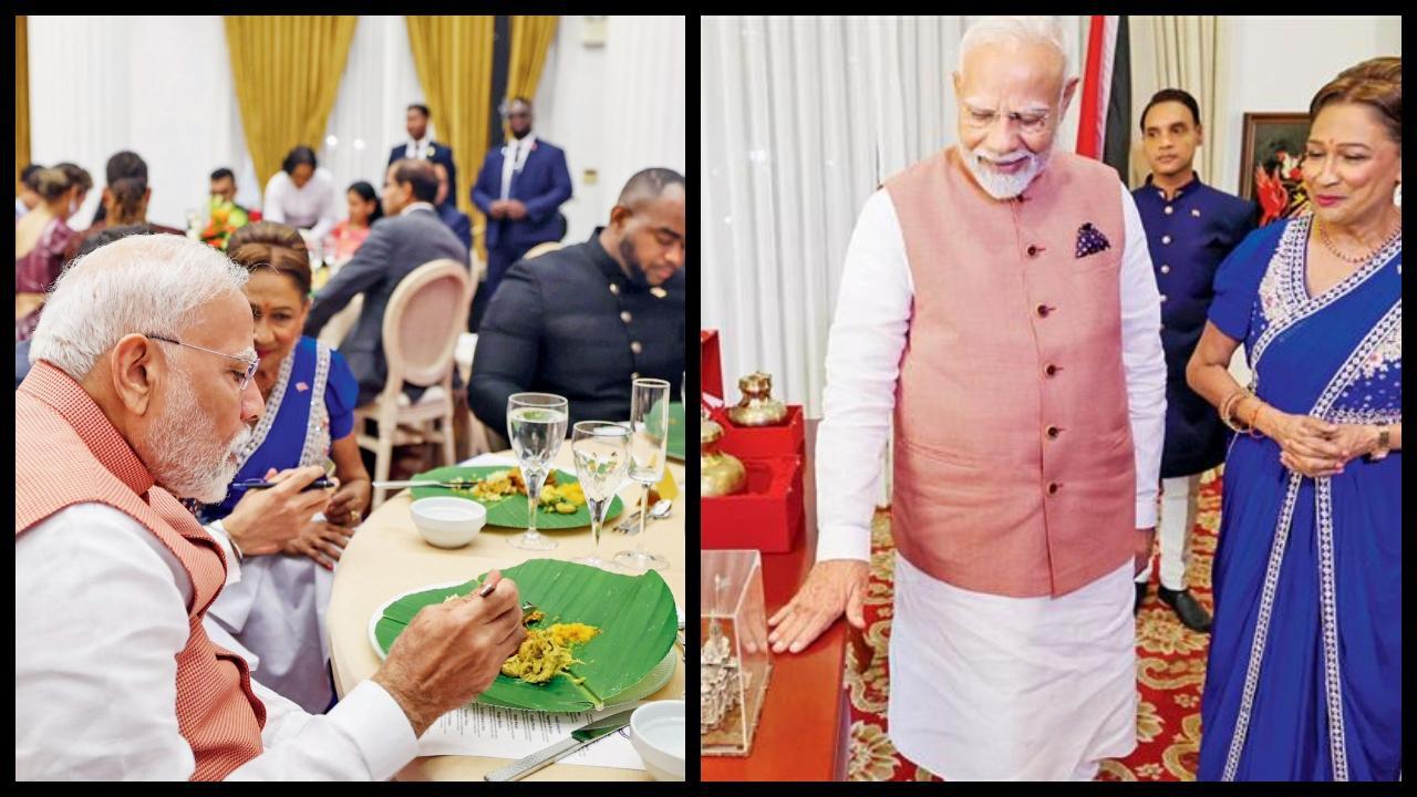 સોહારી પત્તા પર પરંપરાગત ડિનર. વડાં પ્રધાન કમલા પ્રસાદને ડિનર બાદ રામમંદિરની રેપ્લિકા અને સરયૂ તેમ જ ત્રિવેણી સંગમનું જળ ભેટ આપતા નરેન્દ્ર મોદી. 