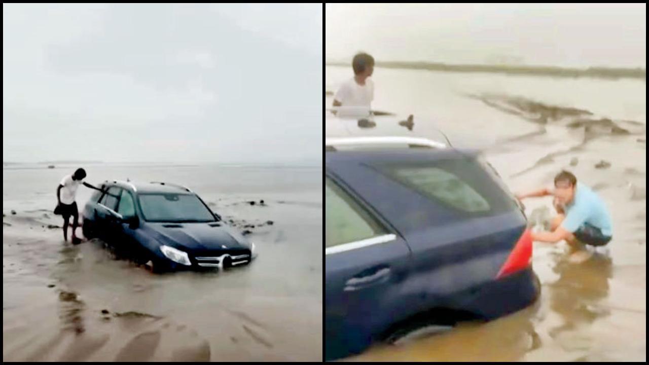 ડ્રાઇવર મર્સિડીઝ કારને સ્ટન્ટ કરવા માટે બીચ પર લઈ ગયો હતો અને પછી આ કાર રેતીમાં ફસાઈ ગઈ